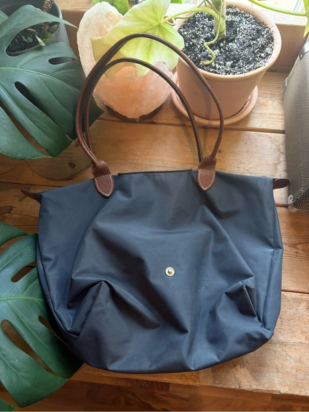 Longchamp Grey Tote with Brown Leather Trim